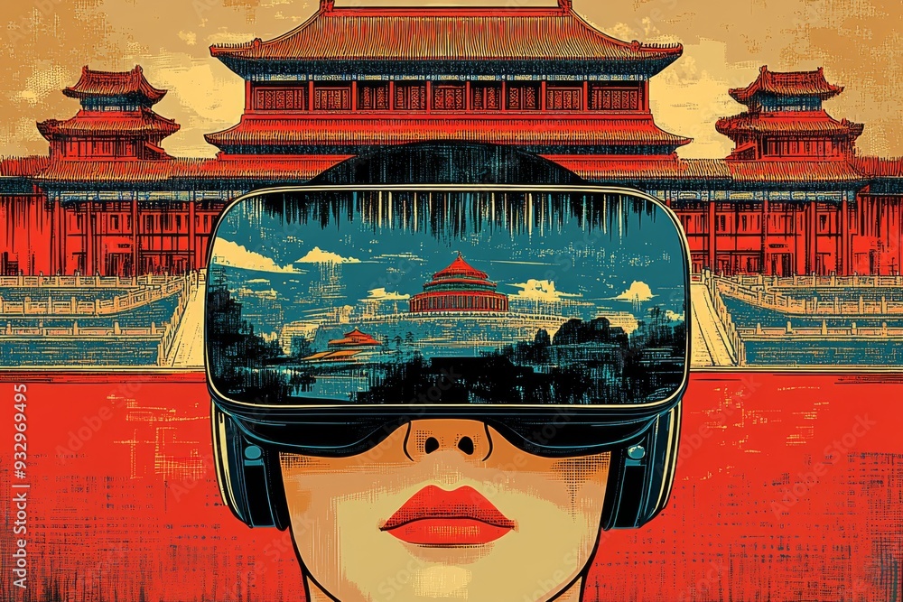 Poster a person using vr goggles with a historical temple in the background symbolizing the blending of cul