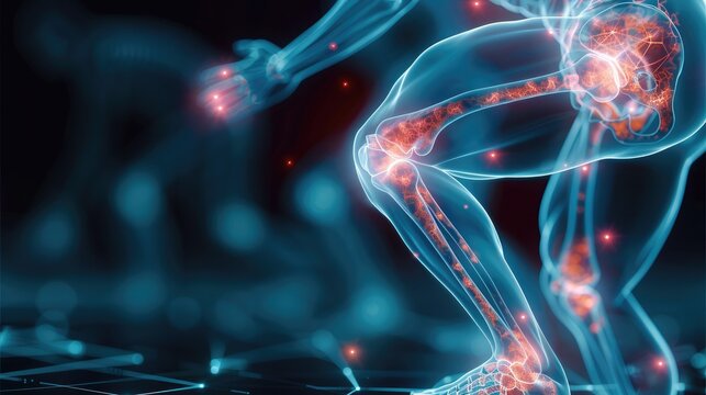 Blue 3D x-ray of knee and body pain, illustrating injuries to joints and bones, arthritis inflammation, and broken tendons in athletes, with prominent red pain markers. Generative AI.