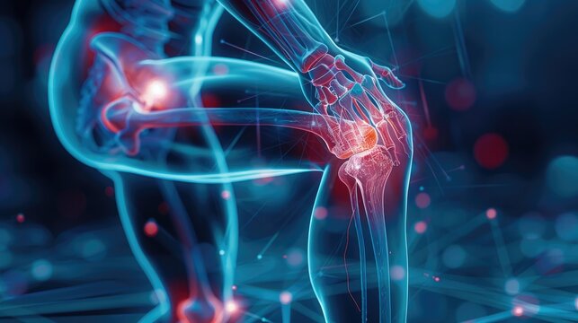 Blue 3D x-ray of knee and body pain, illustrating injuries to joints and bones, arthritis inflammation, and broken tendons in athletes, with prominent red pain markers. Generative AI.