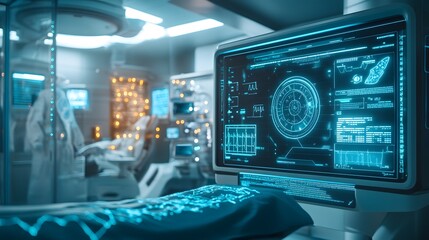 Fototapeta premium A futuristic medical facility with blockchain technology ensuring patient privacy, featuring glowing digital interfaces and secure data transmission, set against a softly illuminated background of
