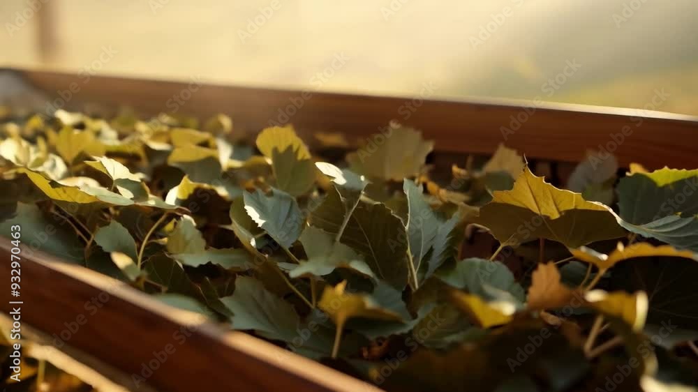 Poster The Leaves collected in crate with warm sunlight filtering through them.