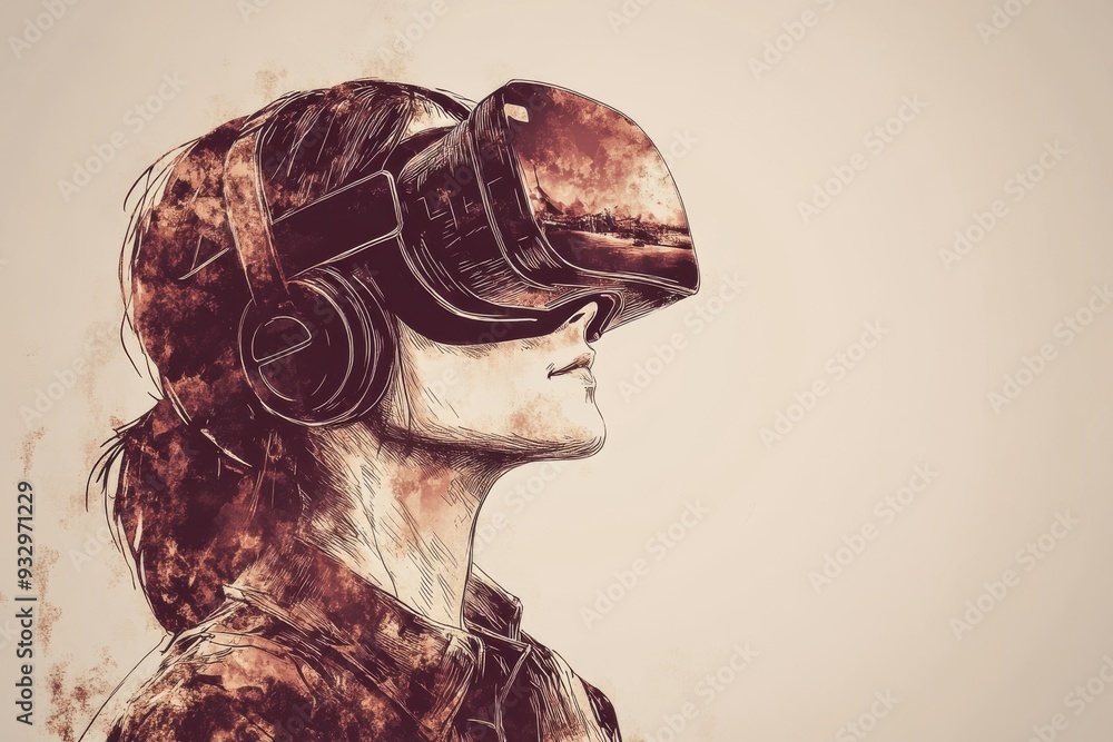 Poster a person using vr goggles depicted in a sepia toned sketch symbolizing the merging of old and new te