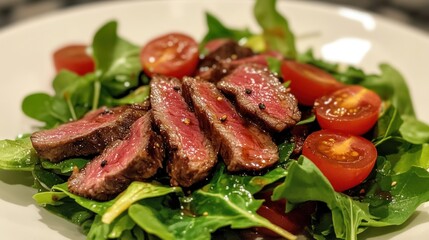 Wagyu beef tataki salad with mixed greens, cherry tomatoes, and a tangy vinaigrette dressing." . --ar 16:9 --v 6.1 Job ID: 5835cffa-89cc-41e8-a6ae-b1567ba63226