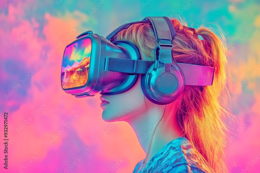 Poster a person using vr goggles with a vibrant multi colored background symbolizing the energetic and imme