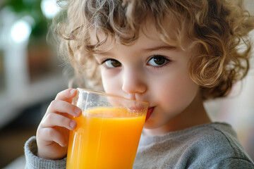 Little boy drinking orange juice.