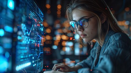 Focused young woman working on computer in tech office