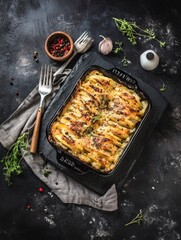 pleated potatoes casserole with cheese and sourcream black stone cutting board professional food photo magazine style picture