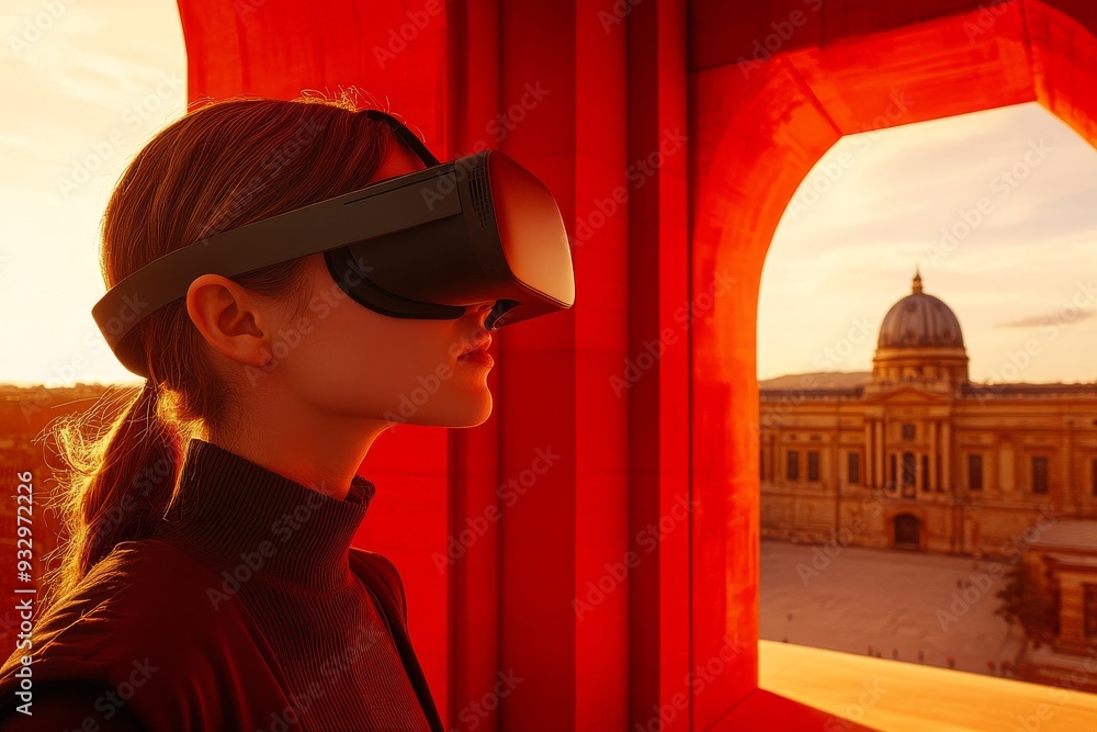 Poster a person using vr goggles while standing in an ancient city symbolizing the blending of history and 