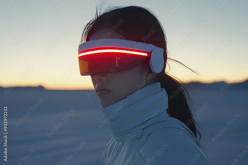 Poster a person using vr goggles with a glowing red visor symbolizing the cutting edge technology and inten