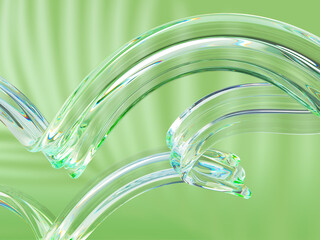 Abstract 3d green background with liquid glass transparent wave ribbons and nature palm leaf shadow. Render fluid flow curve shapes with dispersion light, holographic gradient texture. 3D illustration