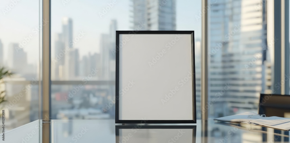 Poster empty frame on a desk with city skyline view.