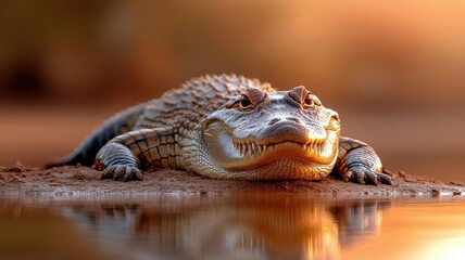 A crocodile basking on a muddy riverbank, its scales glistening under the sun, blending into the wild surroundings.