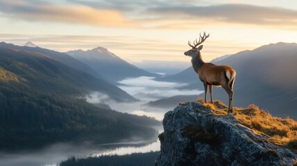 A deer perched on a high cliff, overlooking a misty valley at sunrise, with early morning fog adding a mystical touch.