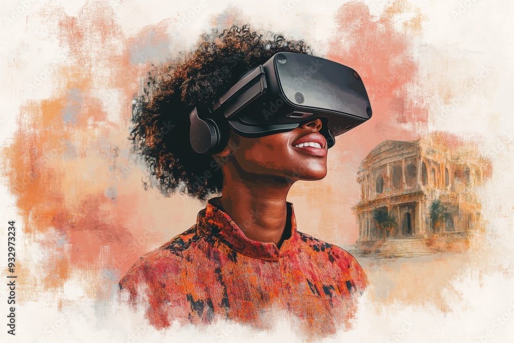 Poster a person using vr goggles while standing in front of an ancient monument symbolizing the convergence