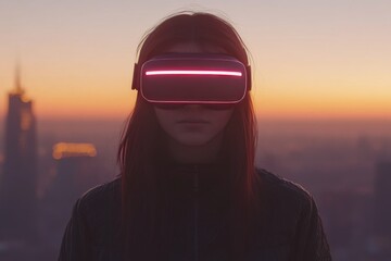 A person using VR goggles with a futuristic glowing headset representing the high tech advancements in virtual reality and immersive digital experiences