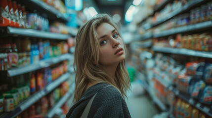 A woman shopping in a supermarket with groceries and products on the shelves.