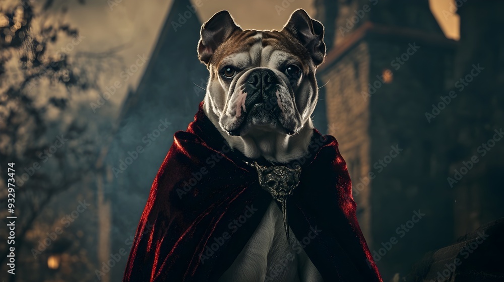Poster a bulldog dressed in a vampire cape posing in front of a spooky castle backdrop the canine s fangs a