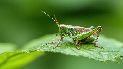 Fototapeta premium A grasshopper sleeping peacefully on a large leaf, camouflaged in foliage.