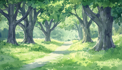 Fototapeta premium Enchanted forest, ancient trees, dappled sunlight, hidden pathways, Watercolor style