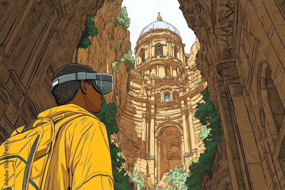 Poster traveler exploring an ancient temple with a vr headset merging the real world experience of adventur