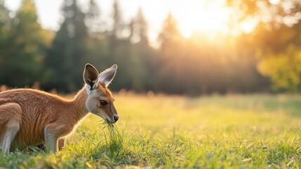 A kangaroo eating fresh grass in a sunny field.