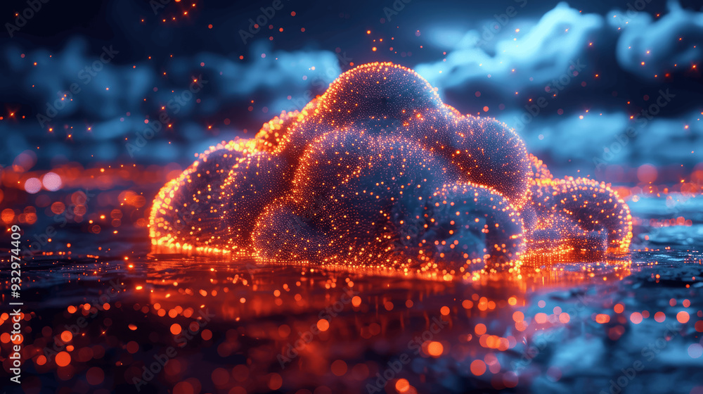 Poster glowing neon cloud with particles in futuristic sci-fi setting