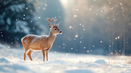 Obraz premium Tranquil scene of a deer navigating through a snowy landscape, with snowflakes gently settling on its fur and peaceful surroundings.