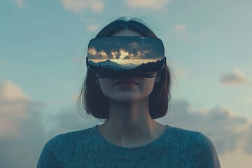 Woman standing in a dreamlike landscape with a VR headset representing the fusion of imagination and technology in an immersive virtual reality experience that transcends reality