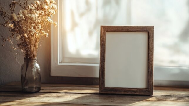 Wooden Frame Near Window with Dried Flowers.