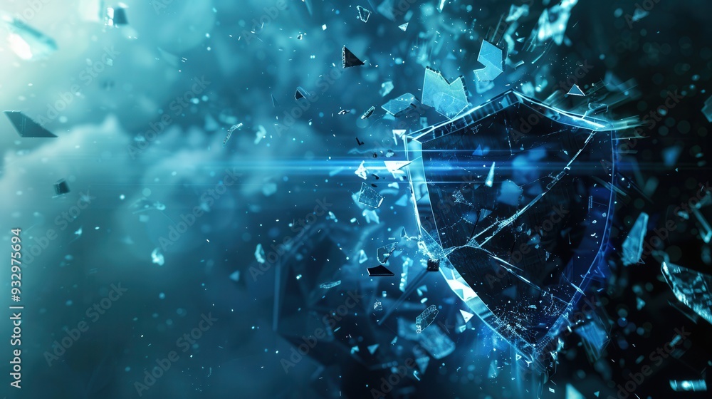 Poster a hacker compromises a digital shield, causing fragments to scatter around, symbolizing a security b