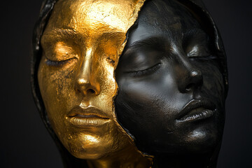 Close-up of Dual-Faced Sculpture with Gold and Black Metallic Finish