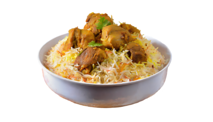Delicious and spicy indian meat biryani Splashes on a white isolated background. Generative AI.