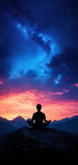 Obraz premium A tranquil silhouette meditating on a mountain top under a starry sky at sunset, embodying peace and mindfulness in nature.