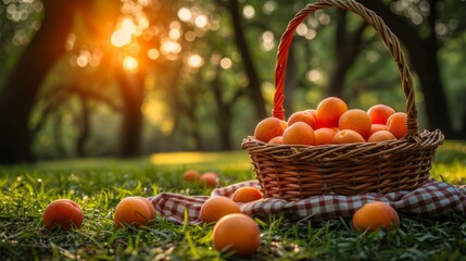 Create a cozy Easter background with a rustic picnic scene, featuring a checkered blanket spread out on lush green grass.