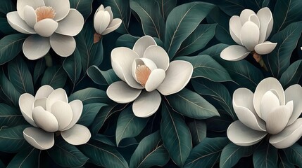 Obraz premium Magnolia blossoms, large white petals, contrasting dark green leaves, Southern charm, graceful and timeless, watercolor style