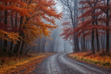 Fototapeta premium A misty autumn road surrounded by vibrant foliage, ideal for travel, nature, and adventure photography.