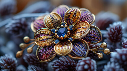 Fototapeta premium Closeup of a Gold and Blue Gemstone Flower Brooch