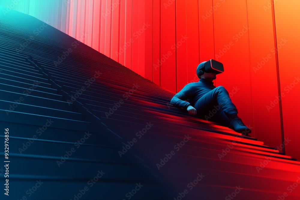 Poster woman in a minimalist futuristic setting with a vr headset evoking a sense of solitude and introspec