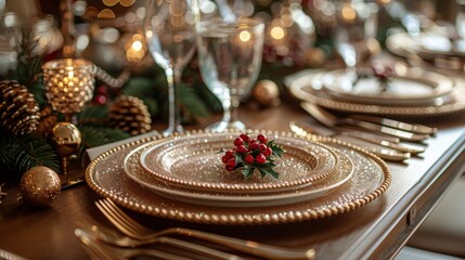 Naklejka premium Create a festive table setting with glittering charger plates, metallic napkin rings, and elegant glassware for a touch of holiday