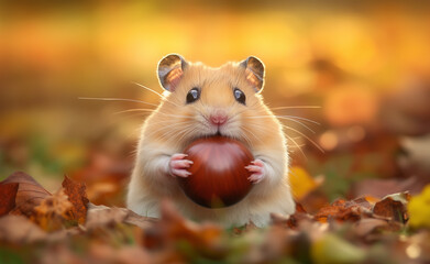 Hamster holding a chestnut among fallen leaves generated by AI

