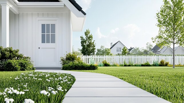 Front yard of a family home, real estate virtual reality tool, 3D illustration