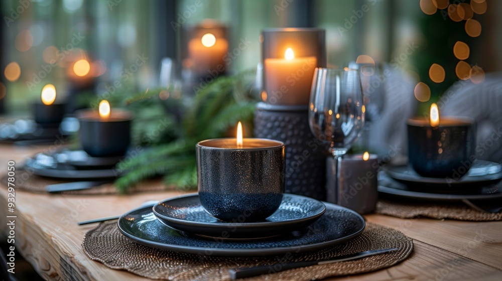 Canvas Prints create a modern holiday tablescape with metallic placemats, sleek black dinnerware, and minimalist c