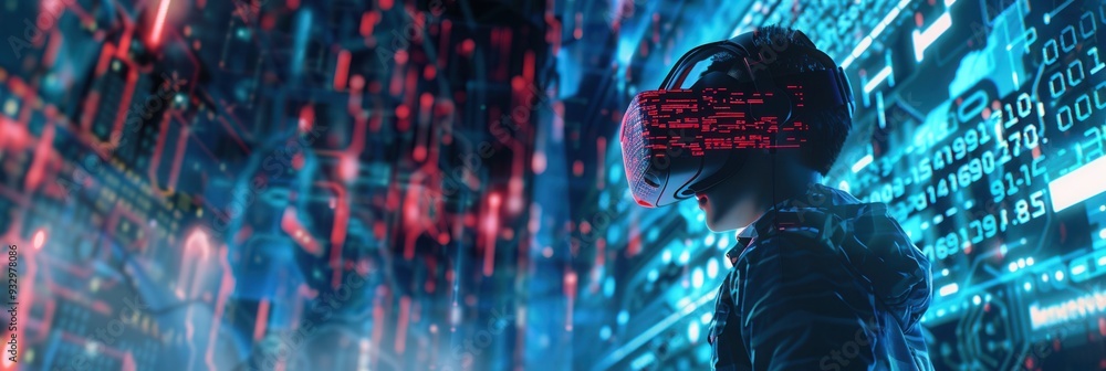 Poster a hacker uses a vr headset to navigate a vibrant virtual world full of digital locks and complex cod
