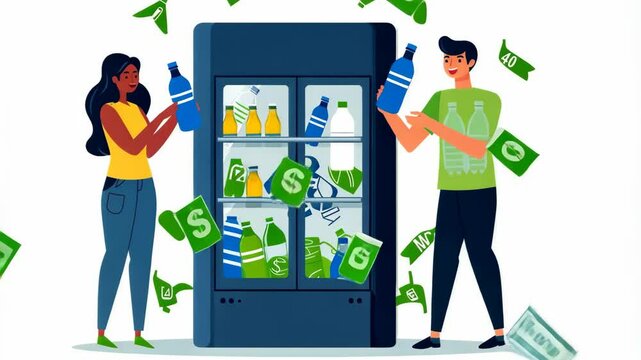 Illustration of two men standing near the plastic bottle recycling machine.