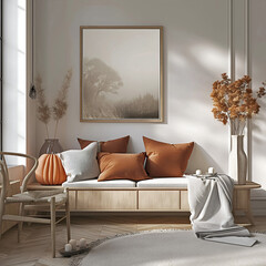 Aesthetic room interior design with Halloween elements. Mockup picture frames. Mock up poster on the walls. Copy space for decor. Apartment with pumpkins decoration.