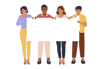Obraz premium Group of people holding a blank sign. llustration for website, landing page, mobile app, poster and banner. Trendy flat vector illustration