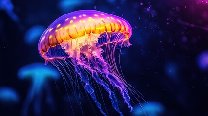 A vibrant jellyfish gracefully swims among colorful coral reefs in a serene ocean setting