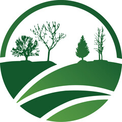 Obraz premium Creative Landscaping logo design. Natural Forest logo design. Green forest icon vectors. Natural Beauty Vectors images. Farm logo vectors. Landscape logo design.