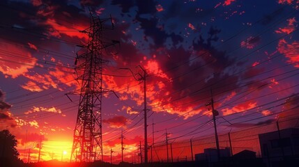 Naklejka premium The sky is filled with brilliant hues of orange and purple as the sun rises beside a towering structure, casting dynamic shadows
