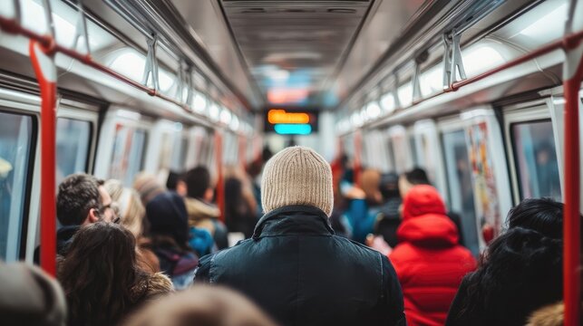 Commuter Trains During Rush Hour Packed with People Traveling to Work or Returning Home
